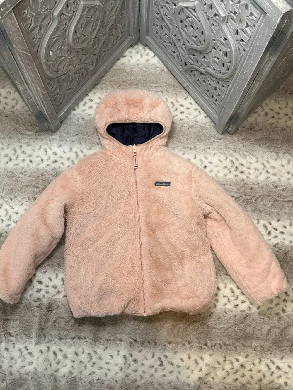Eddie Bauer reversible puffer jacket girls medium pink faux fur school winter